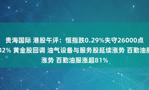 贵海国际 港股午评：恒指跌0.29%失守26000点 科指跌1.02% 黄金股回调 油气设备与服务股延续涨势 百勤油服涨超81%